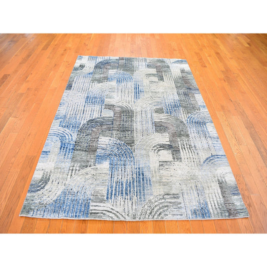 Modern and Contemporary Wool & Silk Hand Knotted Rug Blue No Border 5.1X7.0 -O059481