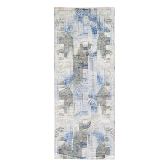 Modern and Contemporary Wool & Silk Hand Knotted Rug Blue No Border 4.0X10.2 -O059482