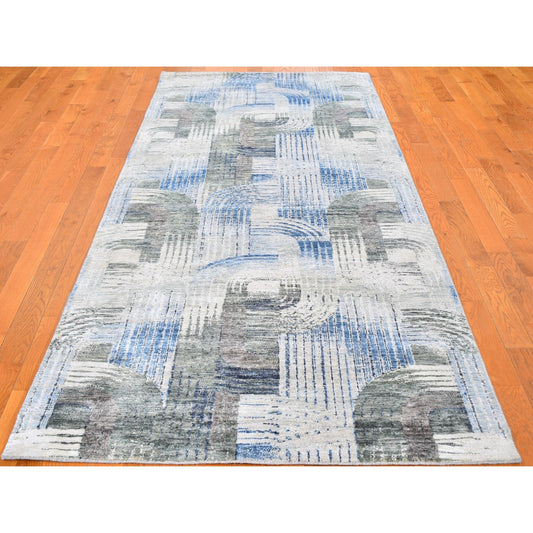 Modern and Contemporary Wool & Silk Hand Knotted Rug Blue No Border 4.0X10.2 -O059482