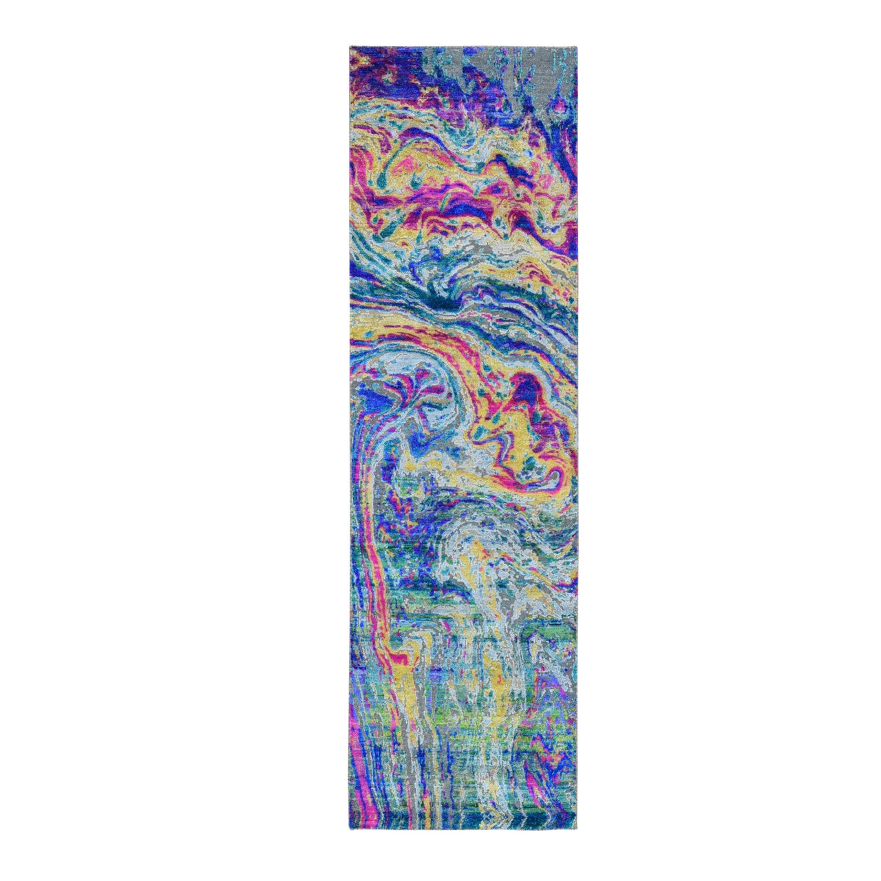 Modern and Contemporary Wool & Silk Hand Knotted Rug Yellow No Border 3.0X10.0 -O059483