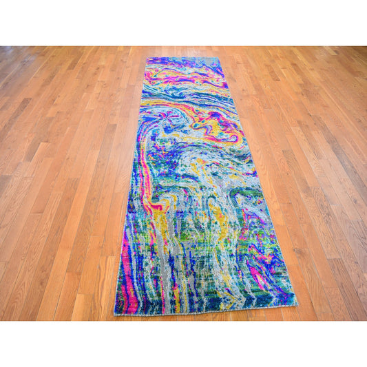 Modern and Contemporary Wool & Silk Hand Knotted Rug Yellow No Border 3.0X10.0 -O059483