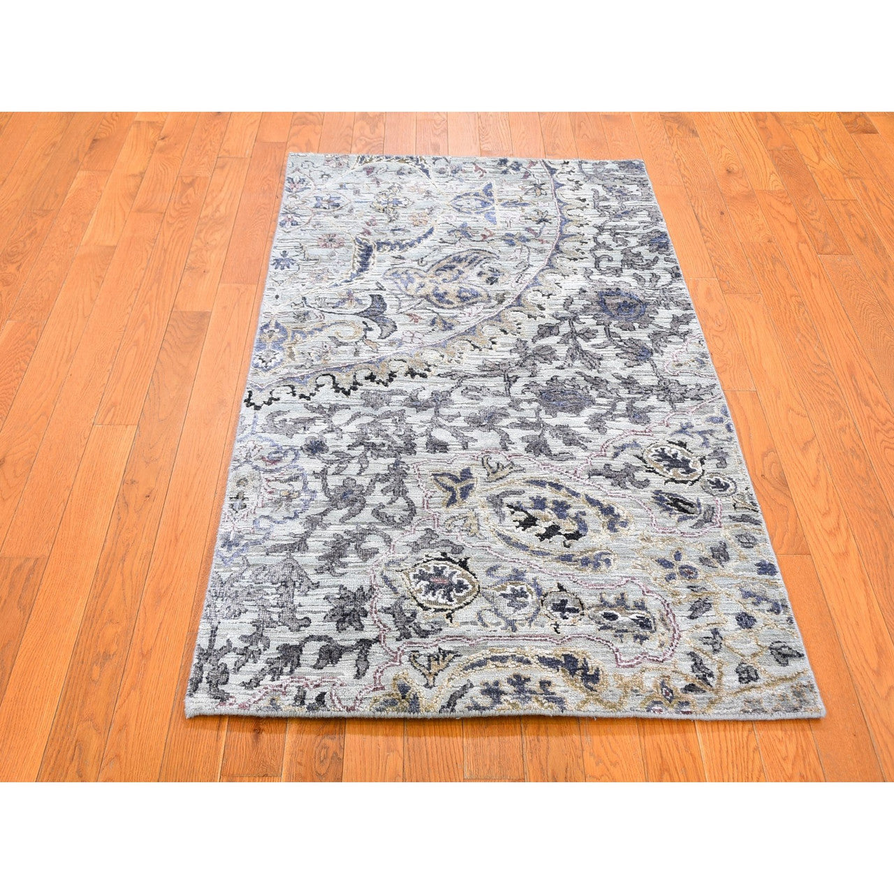 Transitional Wool & Silk Hand Knotted Rug Grey No Border 3.0X5.3 -O059487