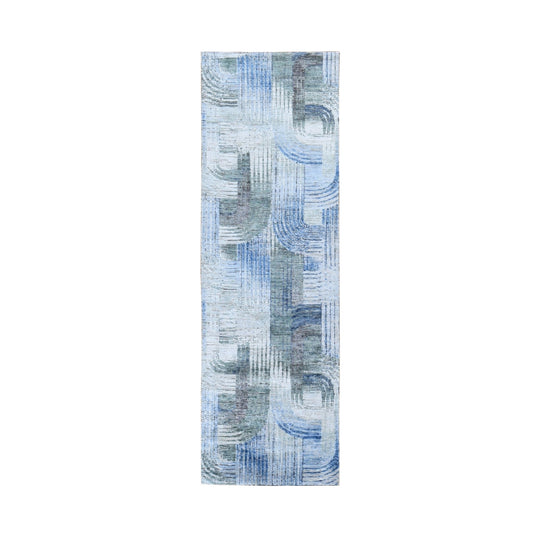Modern and Contemporary Wool & Silk Hand Knotted Rug Blue No Border 2.7X10.4 -O059488