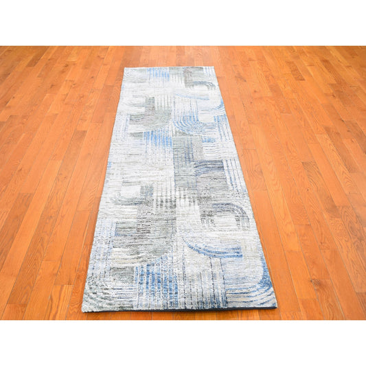 Modern and Contemporary Wool & Silk Hand Knotted Rug Blue No Border 2.7X10.4 -O059488