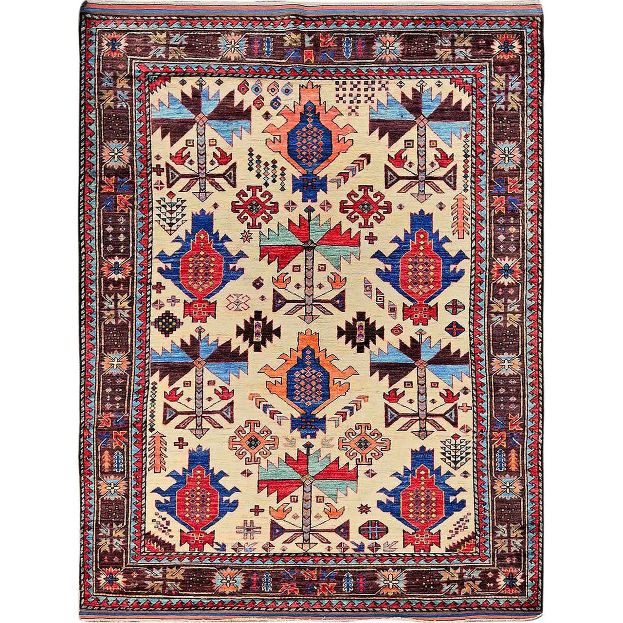 Kazak Wool Hand Knotted Rug Ivory 5.2x6.8 -O0594