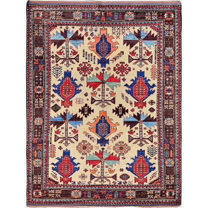 Kazak Wool Hand Knotted Rug Ivory 5.2x6.8 -O0594
