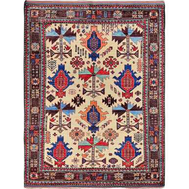 Kazak Wool Hand Knotted Rug Ivory 5.2x6.8 -O0594
