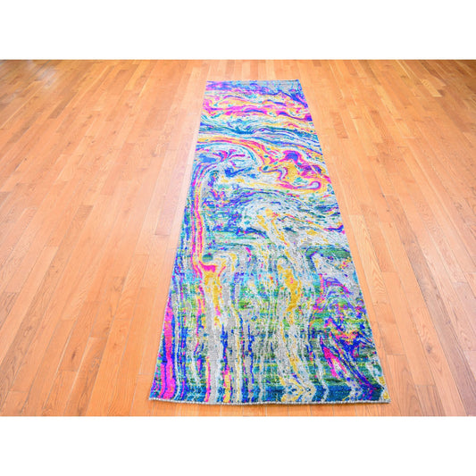 Modern and Contemporary Wool & Silk Hand Knotted Rug Yellow No Border 3.0X10.0 -O059502