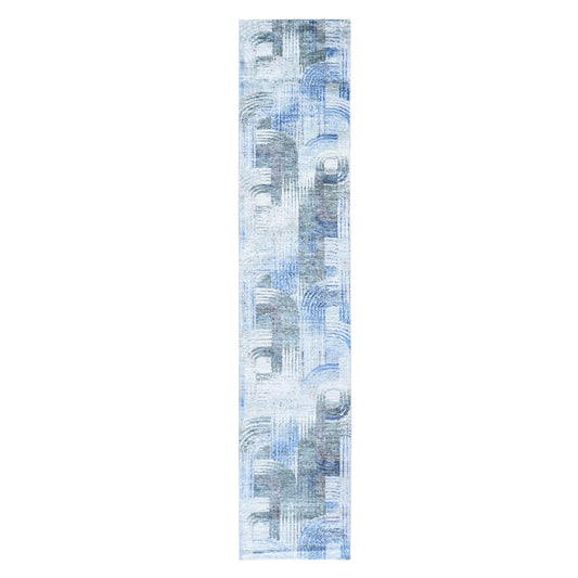 Modern and Contemporary Wool & Silk Hand Knotted Rug Blue No Border 2.7X12.0 -O059504