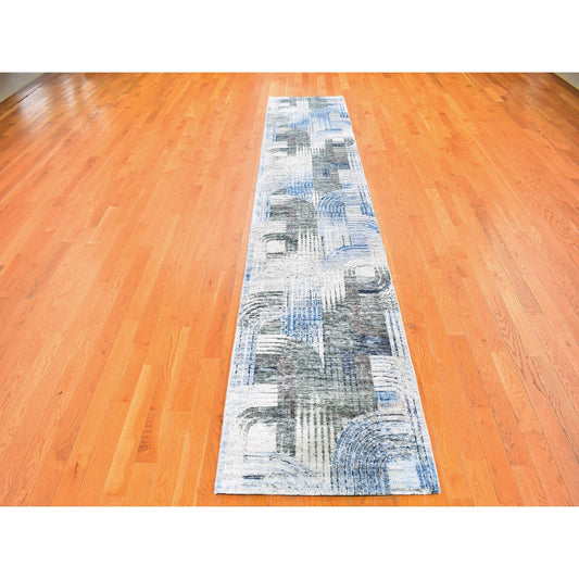 Modern and Contemporary Wool & Silk Hand Knotted Rug Blue No Border 2.7X12.0 -O059504
