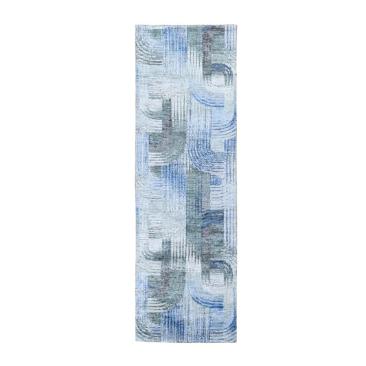 Modern and Contemporary Wool & Silk Hand Knotted Rug Blue No Border 2.7X10.4 -O059506