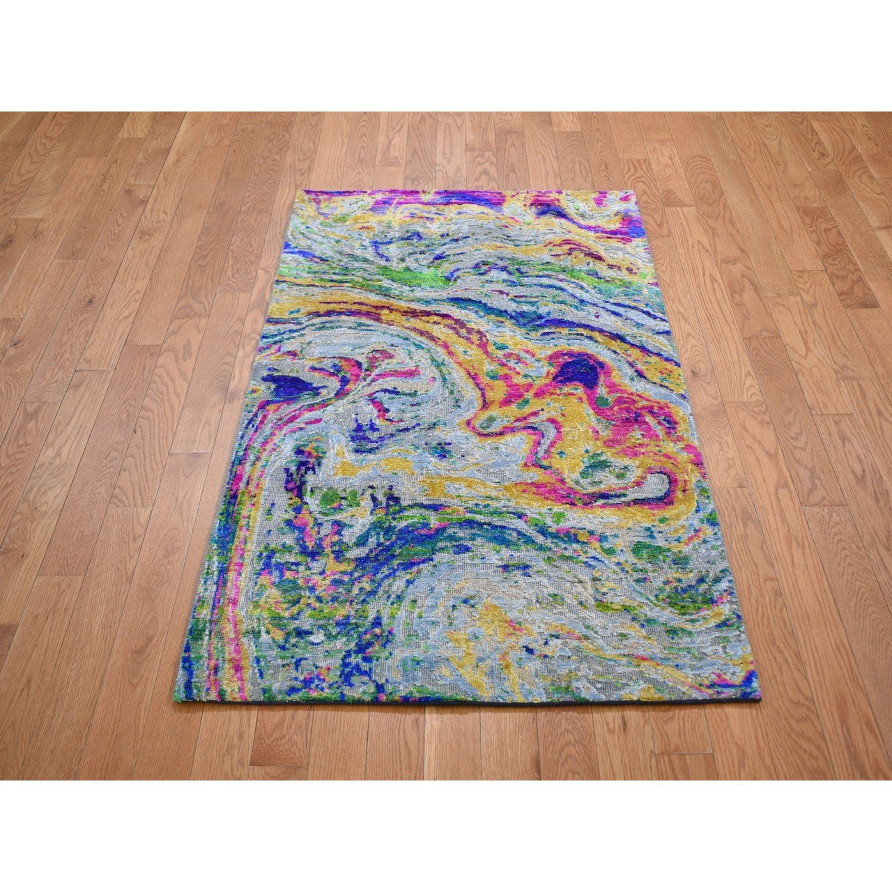 Modern and Contemporary Wool & Silk Hand Knotted Rug Yellow No Border 3.0X5.0 -O059507