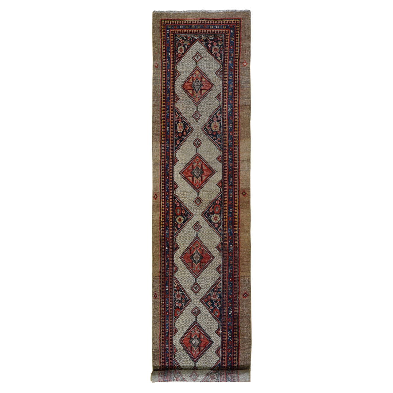 Antique Wool Hand Knotted Rug Brown Navy Blue 3.2X15.9 -O059511