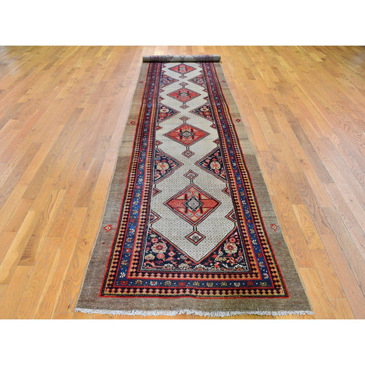 Antique Wool Hand Knotted Rug Brown Navy Blue 3.2X15.9 -O059511