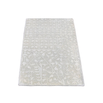Modern and Contemporary Wool & Silk Hand Knotted Rug Ivory No Border 2.0X3.0 -O059538
