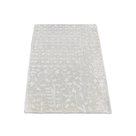Modern and Contemporary Wool & Silk Hand Knotted Rug Ivory No Border 2.0X3.0 -O059538
