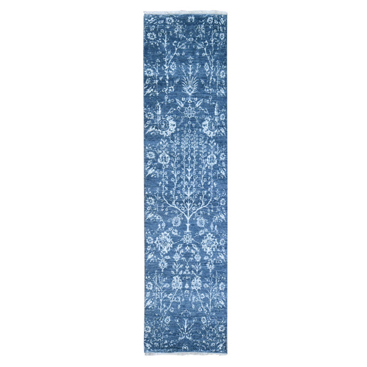 Modern and Contemporary Wool & Silk Hand Knotted Rug Blue No Border 2.6X10.2 -O059559
