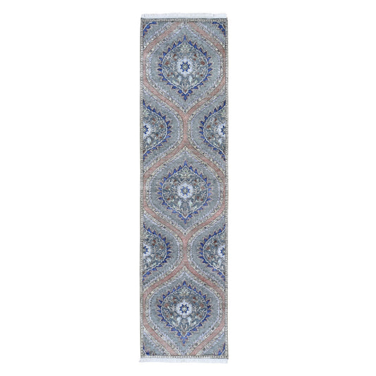 Transitional Wool & Silk Hand Knotted Rug Grey No Border 2.6X10.0 -O059570