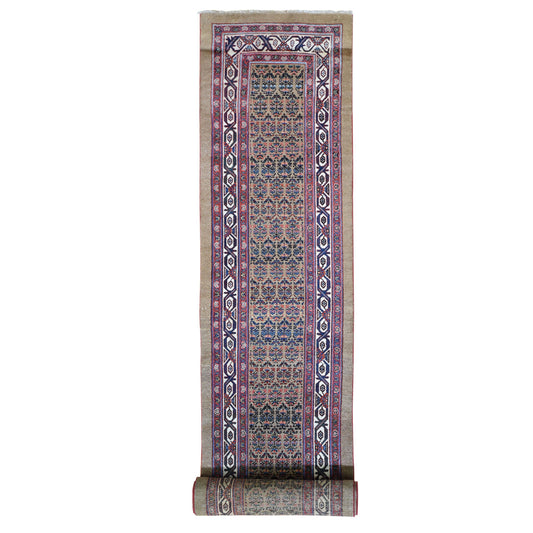 Antique Wool Hand Knotted Rug Brown No Border 3.0X18.0 -O059574
