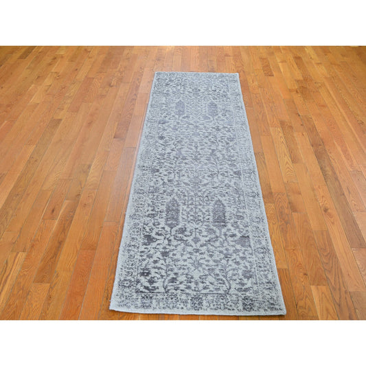 Modern and Contemporary Wool & Silk Hand Loomed Rug Grey No Border 2.5X8.0 -O059620
