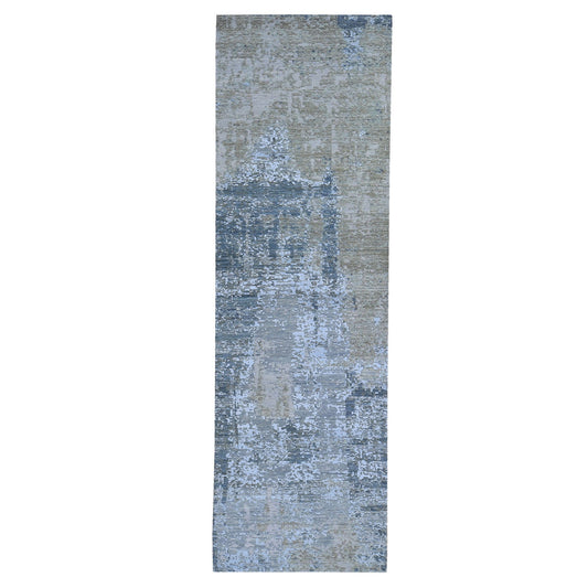 Modern and Contemporary Wool & Silk Hand Knotted Rug Blue No Border 2.6X12.3 -O059623