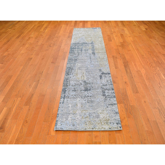 Modern and Contemporary Wool & Silk Hand Knotted Rug Blue No Border 2.6X12.3 -O059623