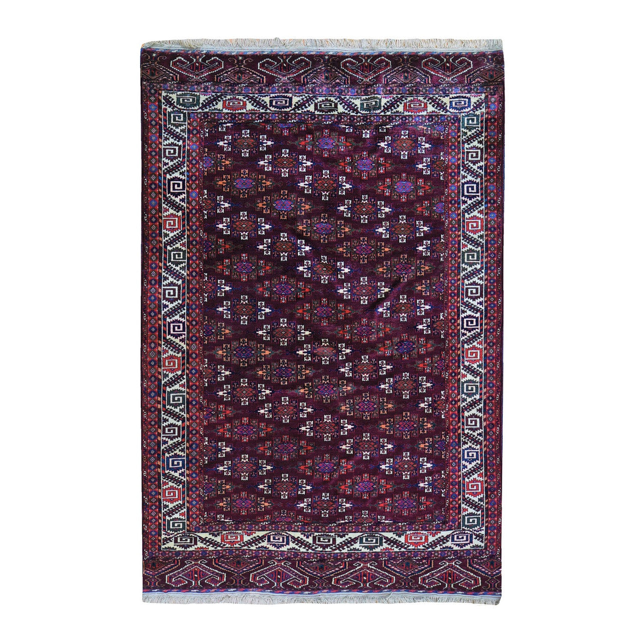 Antique Wool Hand Knotted Rug Red Ivory 6.7X9.6 -O059624