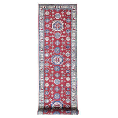 Kazak Wool Hand Knotted Rug Red Ivory 3.10X17.3 -O059699