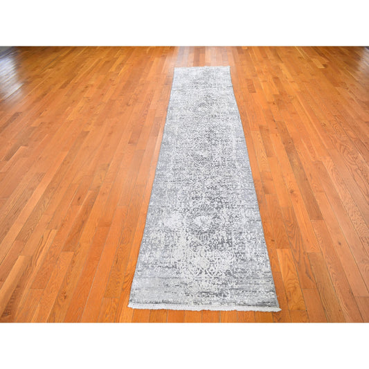 Modern and Contemporary Wool & Silk Hand Knotted Rug Grey No Border 2.5X12.0 -O059706