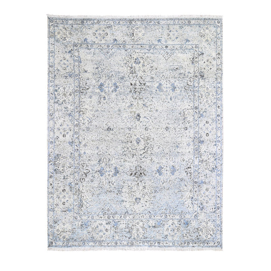 Transitional Wool & Silk Hand Knotted Rug Blue Ivory 8.0X10.4 -O059724