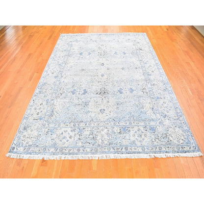 Transitional Wool & Silk Hand Knotted Rug Blue Ivory 8.0X10.4 -O059724