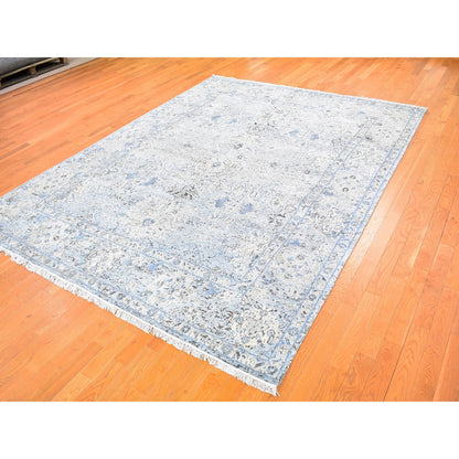 Transitional Wool & Silk Hand Knotted Rug Blue Ivory 8.0X10.4 -O059724