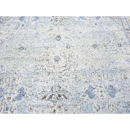 Transitional Wool & Silk Hand Knotted Rug Blue Ivory 8.0X10.4 -O059724