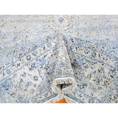 Transitional Wool & Silk Hand Knotted Rug Blue Ivory 8.0X10.4 -O059724