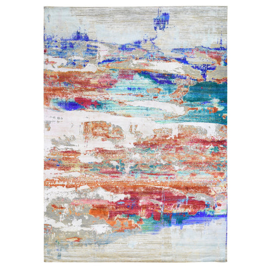 Modern and Contemporary Silk Hand Knotted Rug Orange No Border 9.0X12.3 -O059725