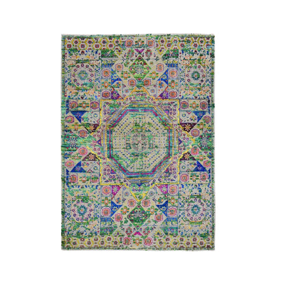 Mamluk Wool & Art Silk Hand Knotted Rug Green No Border 5.0X7.0 -O059728