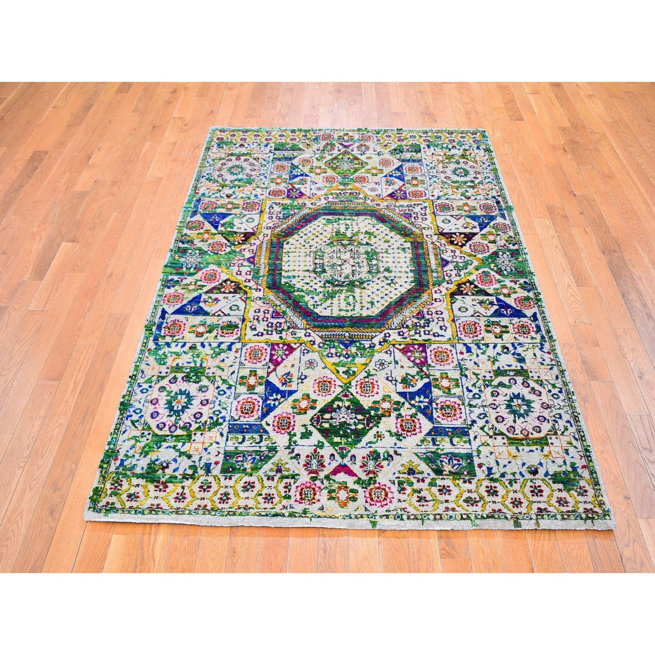 Green 5'0" x 7'0" Mamluk & Art Hand knotted Wool/Silk Rug - Sku: O059728