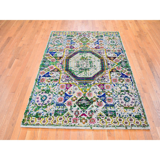 Mamluk Wool & Art Silk Hand Knotted Rug Green No Border 5.0X7.0 -O059728