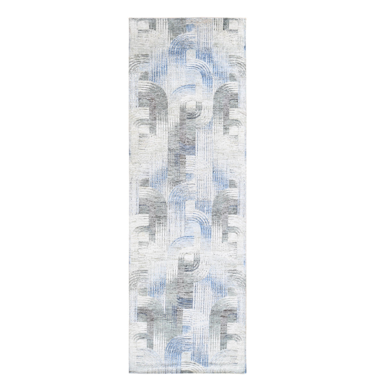 Blue 4'0" x 12'5" Modern and Contemporary Hand knotted Wool/Silk Rug - Sku: O059732