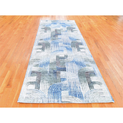 Modern and Contemporary Wool & Silk Hand Knotted Rug Blue No Border 4.0X12.5 -O059732