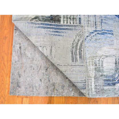 Modern and Contemporary Wool & Silk Hand Knotted Rug Blue No Border 4.0X12.5 -O059732