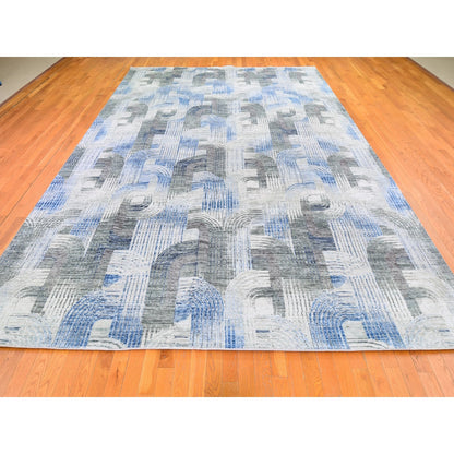 Modern and Contemporary Wool & Silk Hand Knotted Rug Blue No Border 10.1X14.3 -O059735