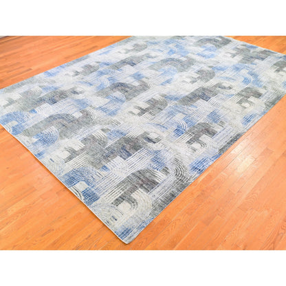 Modern and Contemporary Wool & Silk Hand Knotted Rug Blue No Border 10.1X14.3 -O059735
