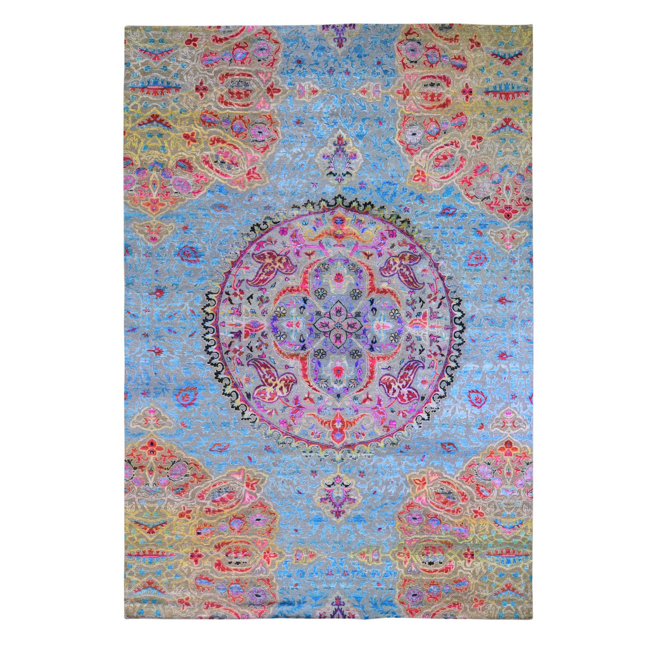 Transitional Wool & Silk Hand Knotted Rug Blue No Border 9.9X13.8 -O059736