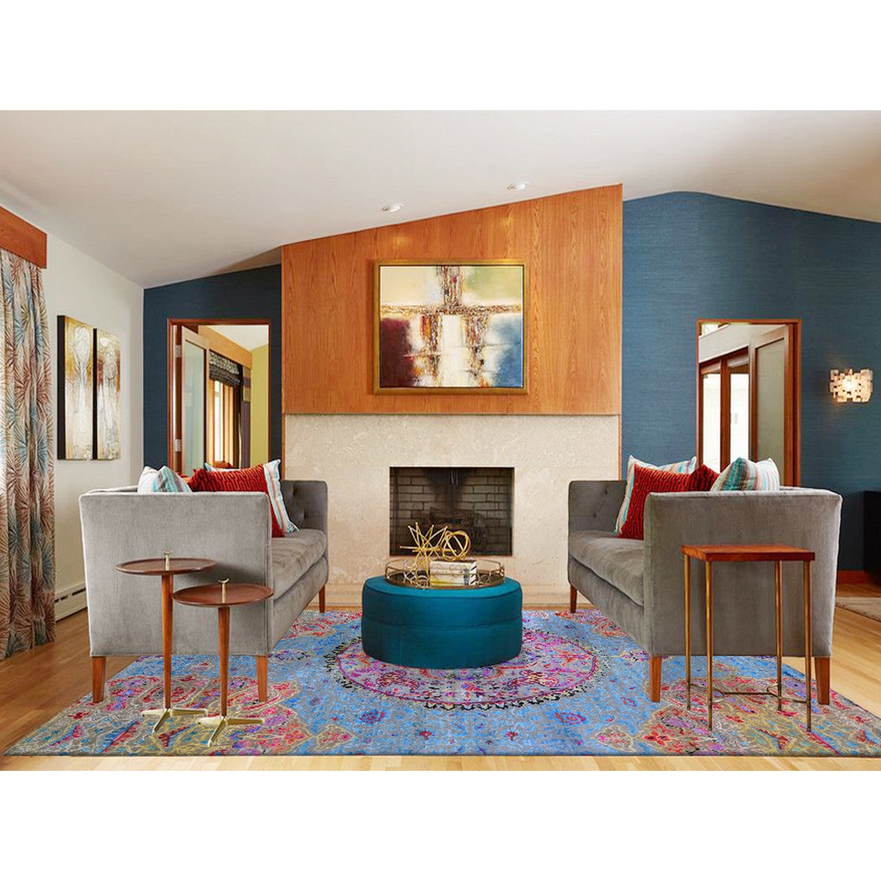 Transitional Wool & Silk Hand Knotted Rug Blue No Border 9.9X13.8 -O059736