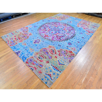 Transitional Wool & Silk Hand Knotted Rug Blue No Border 9.9X13.8 -O059736