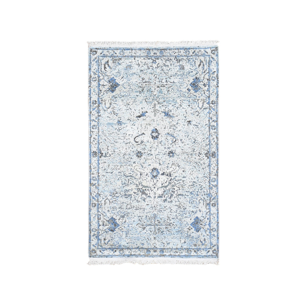 Transitional Wool & Silk Hand Knotted Rug Blue Ivory 3.0X5.2 -O059741