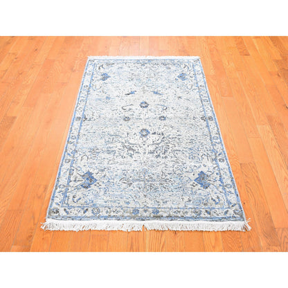 Transitional Wool & Silk Hand Knotted Rug Blue Ivory 3.0X5.2 -O059741