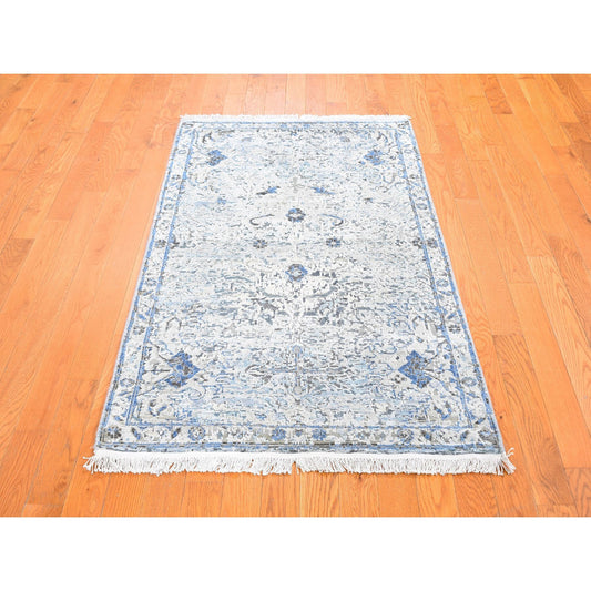 Transitional Wool & Silk Hand Knotted Rug Blue Ivory 3.0X5.2 -O059741