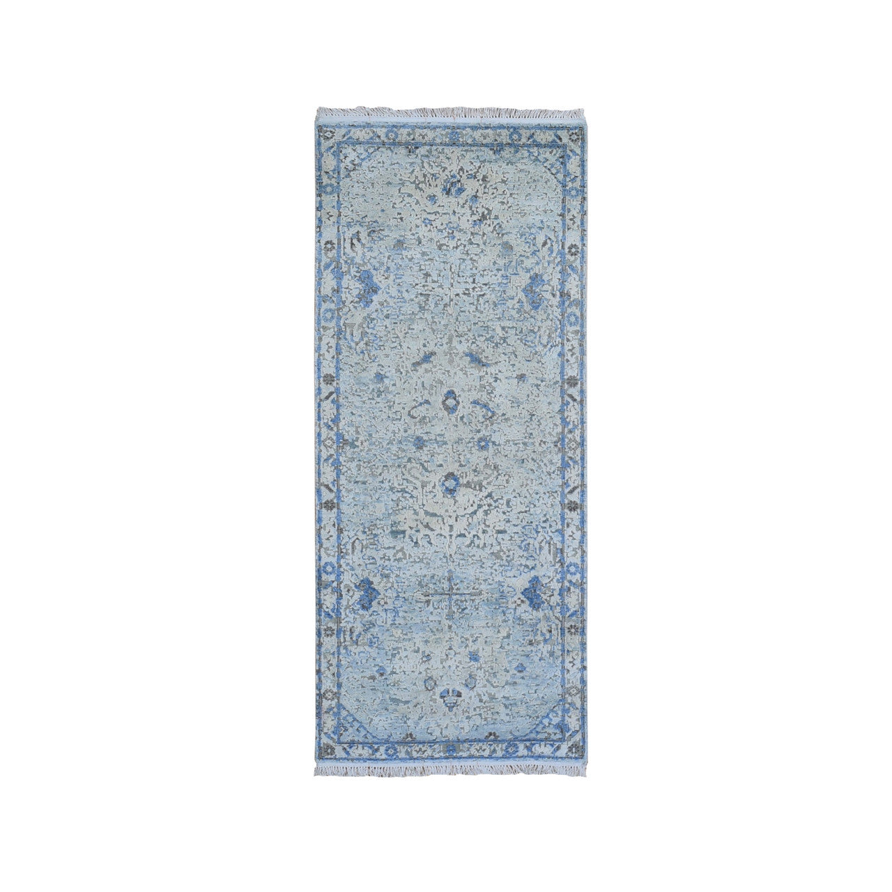 Blue 2'6" x 6'0" Transitional Hand knotted Wool/Silk Rug - Sku: O059743